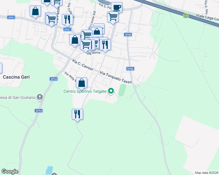 map of restaurants, bars, coffee shops, grocery stores, and more near 19 Via Divisione Acqui in Provincia di Bergamo
