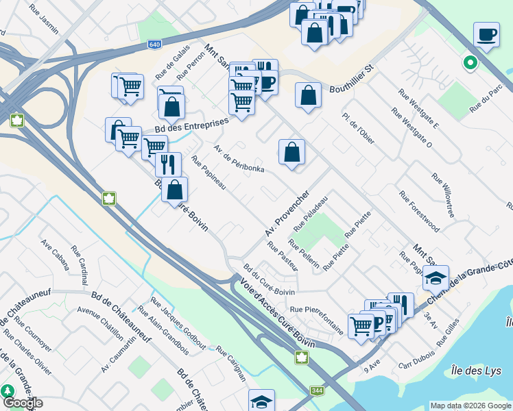 map of restaurants, bars, coffee shops, grocery stores, and more near 519 Rue Papineau in Boisbriand