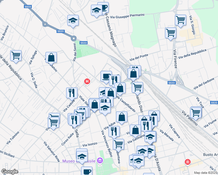 map of restaurants, bars, coffee shops, grocery stores, and more near 11 Corso Italia in Busto Arsizio