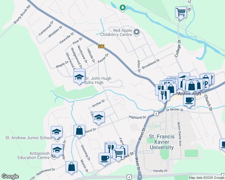 map of restaurants, bars, coffee shops, grocery stores, and more near 90 Braemore Avenue in Antigonish