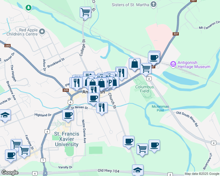 map of restaurants, bars, coffee shops, grocery stores, and more near 208 Main Street in Antigonish