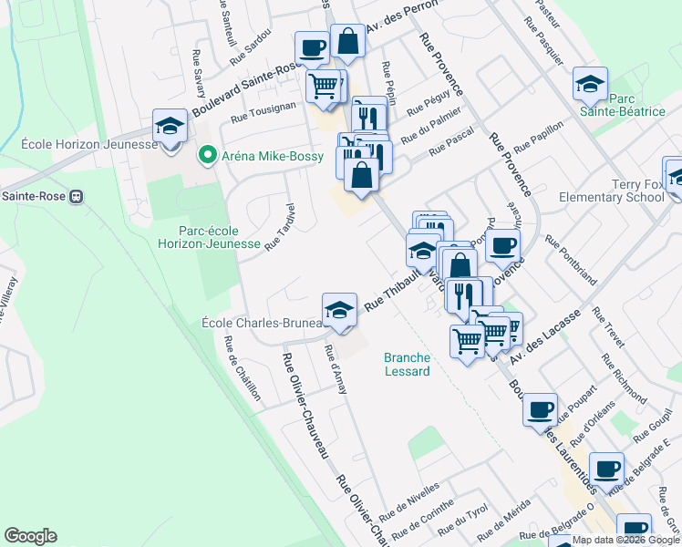 map of restaurants, bars, coffee shops, grocery stores, and more near Rue Thibault in Laval