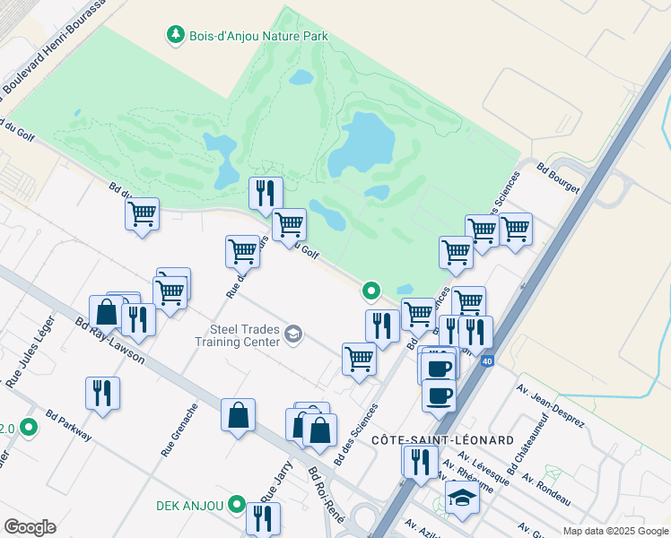 map of restaurants, bars, coffee shops, grocery stores, and more near 9280 Boulevard du Golf in Montreal