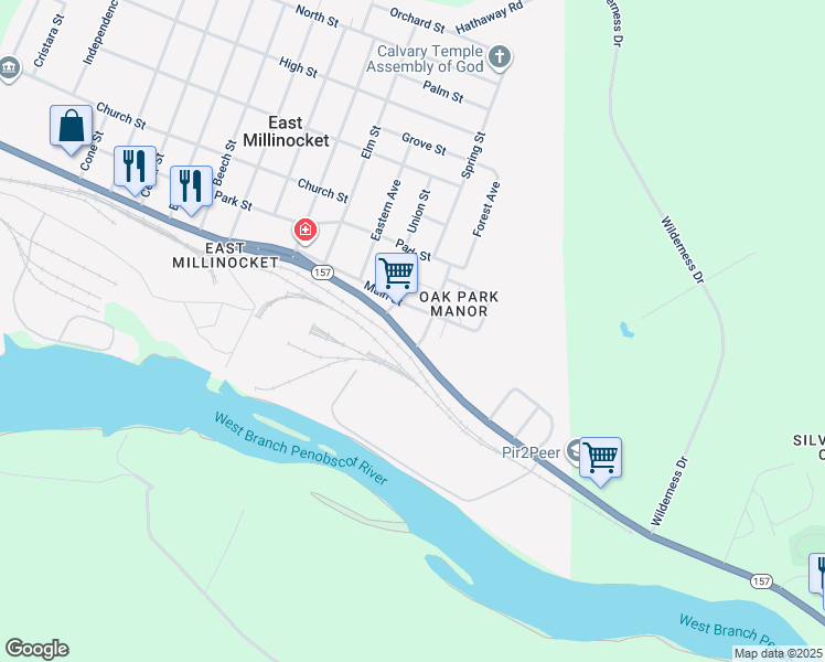 map of restaurants, bars, coffee shops, grocery stores, and more near 8 Main Street in East Millinocket