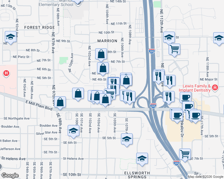 map of restaurants, bars, coffee shops, grocery stores, and more near 221g Northeast 104th Avenue in Vancouver