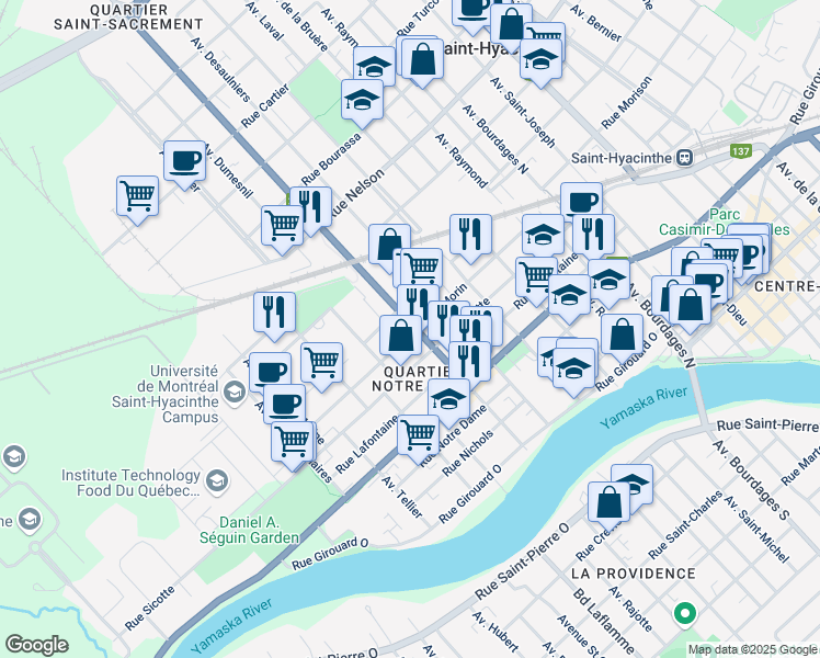 map of restaurants, bars, coffee shops, grocery stores, and more near 1305 Boulevard Choquette in Saint-Hyacinthe