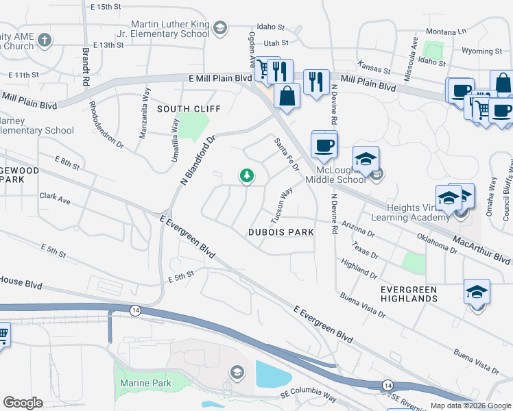map of restaurants, bars, coffee shops, grocery stores, and more near 302 Phoenix Way in Vancouver