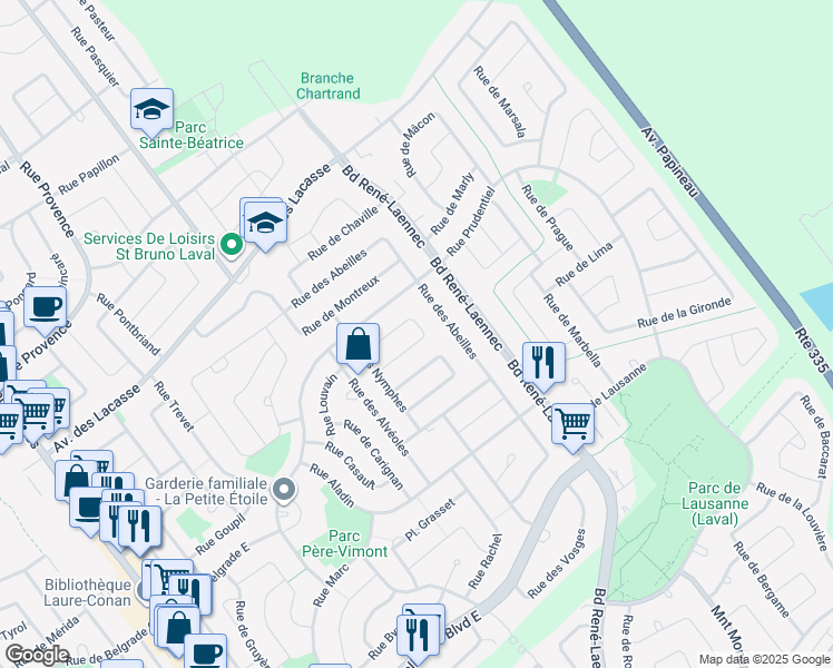 map of restaurants, bars, coffee shops, grocery stores, and more near 2307 Rue de Grammont in Laval