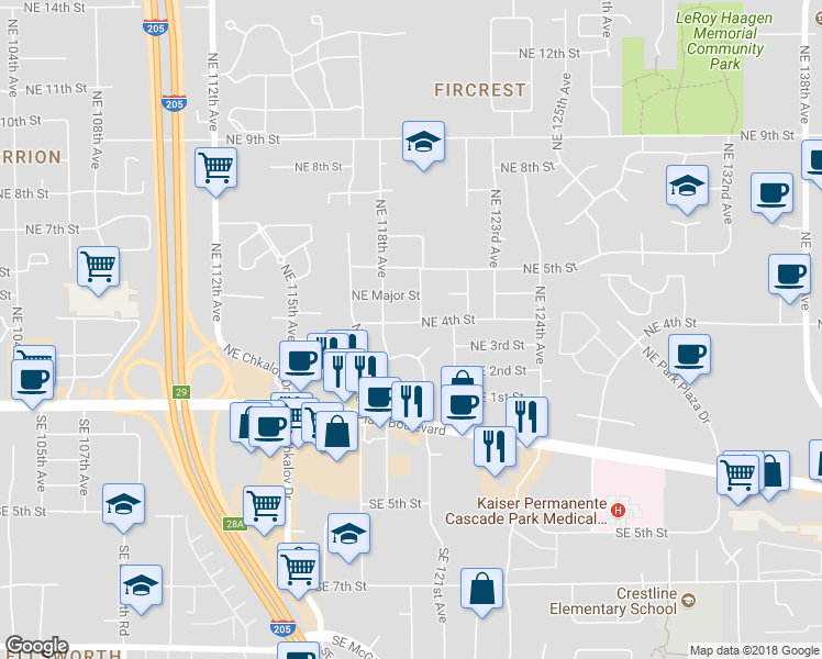 map of restaurants, bars, coffee shops, grocery stores, and more near 11907 Northeast 4th Street in Vancouver