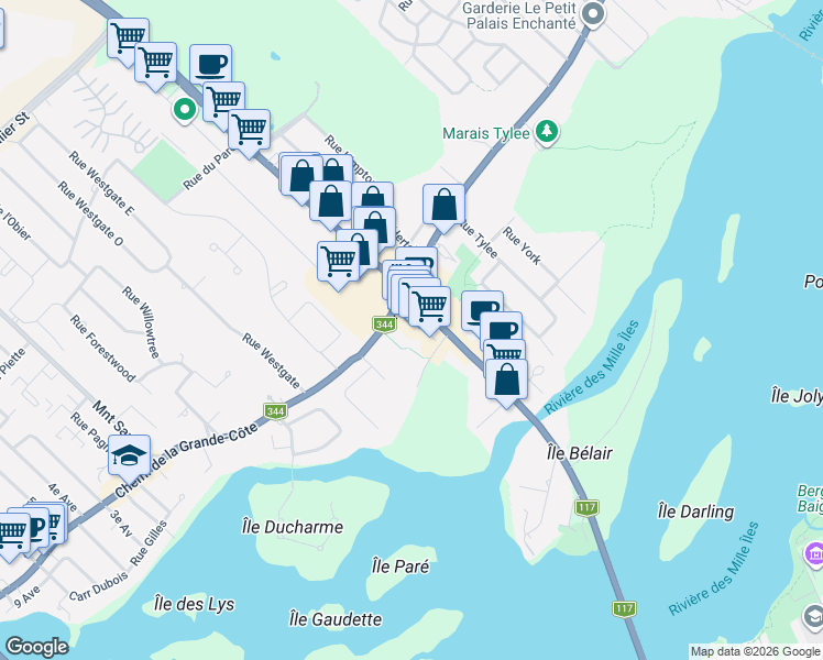 map of restaurants, bars, coffee shops, grocery stores, and more near 199 Boulevard Labelle in Rosemère
