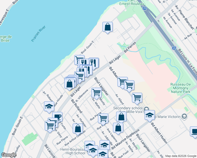map of restaurants, bars, coffee shops, grocery stores, and more near 12551 Boulevard Langelier in Montreal