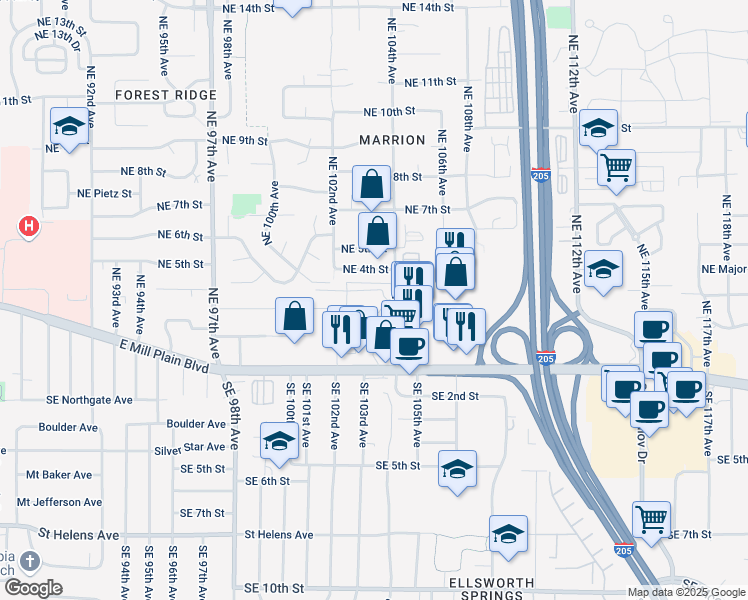map of restaurants, bars, coffee shops, grocery stores, and more near 306 Northeast 104th Avenue in Vancouver