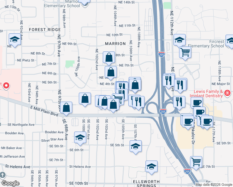 map of restaurants, bars, coffee shops, grocery stores, and more near 307 Northeast 104th Avenue in Vancouver