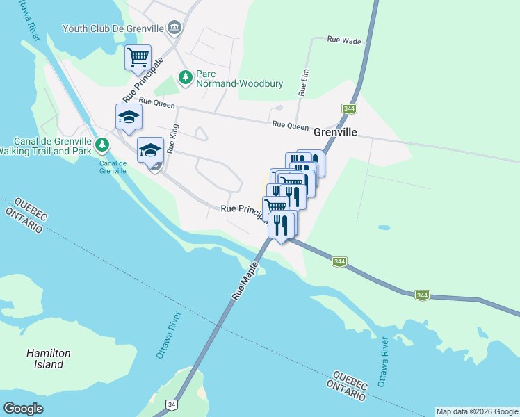 map of restaurants, bars, coffee shops, grocery stores, and more near 416 Rue Principale in Grenville