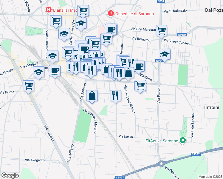 map of restaurants, bars, coffee shops, grocery stores, and more near 13 Via Stampa Soncino in Saronno
