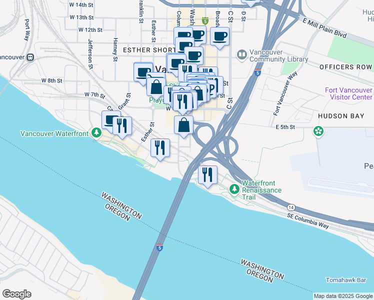map of restaurants, bars, coffee shops, grocery stores, and more near 103 Columbia Way in Vancouver