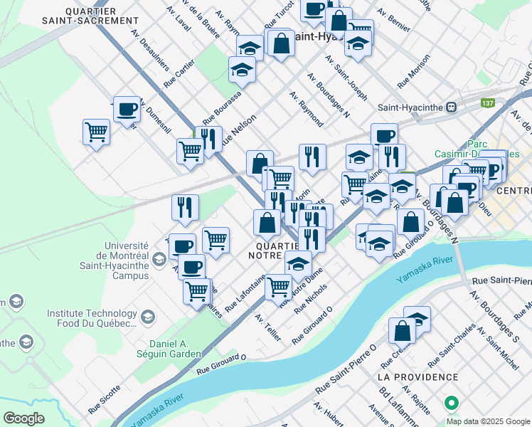 map of restaurants, bars, coffee shops, grocery stores, and more near 1305 Boulevard Choquette in Saint-Hyacinthe