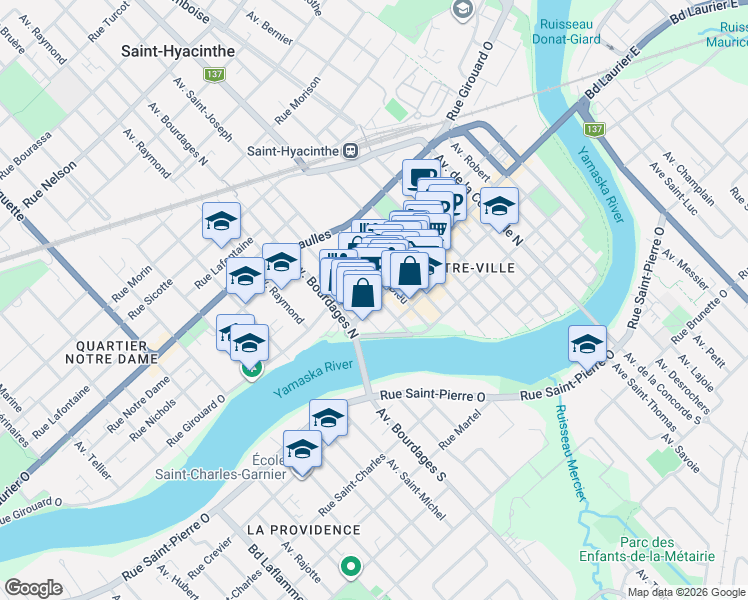 map of restaurants, bars, coffee shops, grocery stores, and more near 1906 Rue Des Cascades O in Saint-Hyacinthe
