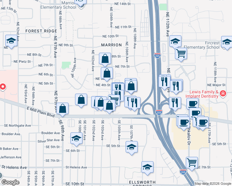 map of restaurants, bars, coffee shops, grocery stores, and more near 317 Northeast 104th Avenue in Vancouver