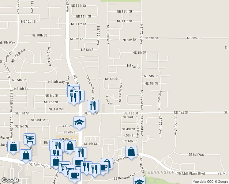 map of restaurants, bars, coffee shops, grocery stores, and more near 16812 Southeast 1st Street in Vancouver