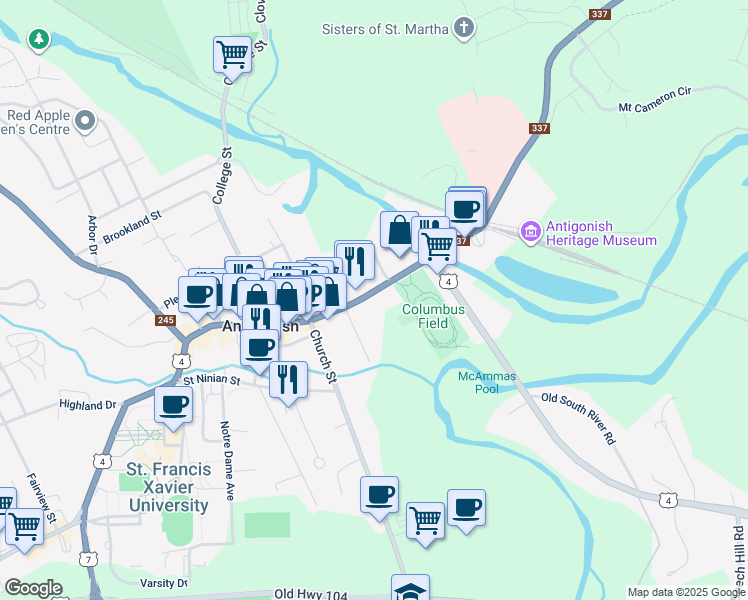 map of restaurants, bars, coffee shops, grocery stores, and more near 143 Main Street in Antigonish