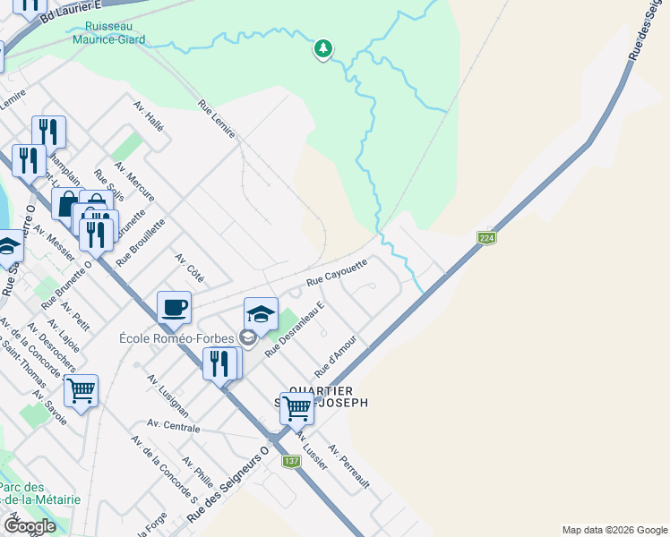 map of restaurants, bars, coffee shops, grocery stores, and more near 1300 Rue Cayouette in Saint-Hyacinthe
