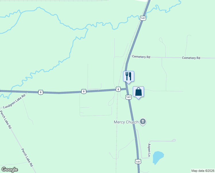 map of restaurants, bars, coffee shops, grocery stores, and more near W8136 U.S. 8 in Pembine