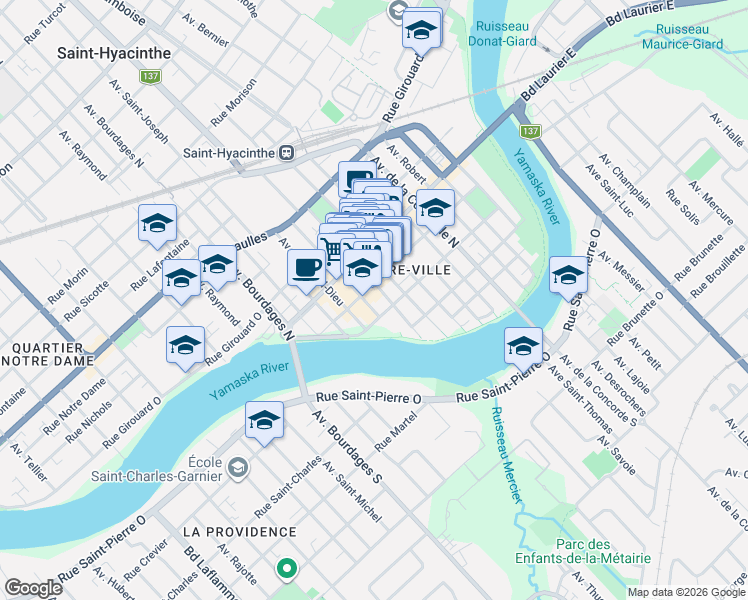map of restaurants, bars, coffee shops, grocery stores, and more near 378 Avenue Sainte-Anne in Saint-Hyacinthe