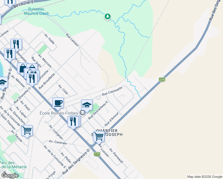 map of restaurants, bars, coffee shops, grocery stores, and more near 1300 Rue Cayouette in Saint-Hyacinthe