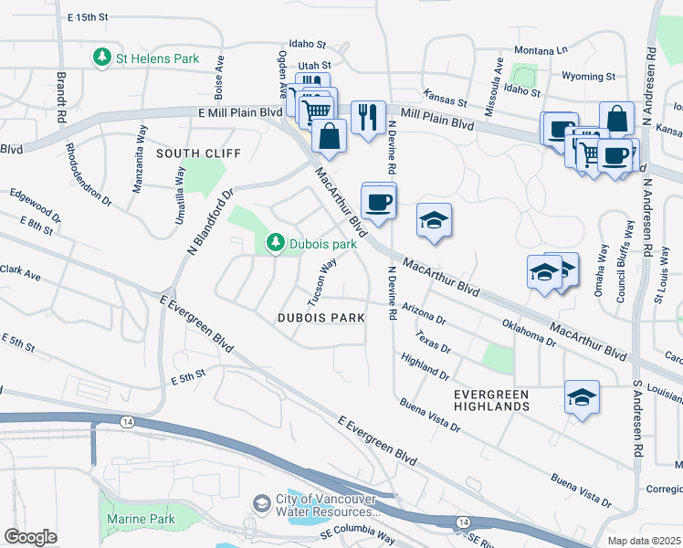 map of restaurants, bars, coffee shops, grocery stores, and more near 420 Tucson Way in Vancouver
