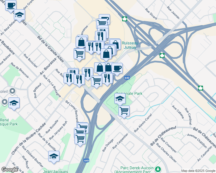 map of restaurants, bars, coffee shops, grocery stores, and more near 2262 Boulevard du Faubourg in Boisbriand