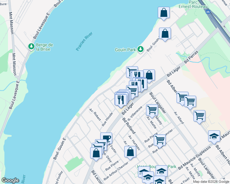 map of restaurants, bars, coffee shops, grocery stores, and more near 12795 Avenue Veuillot in Montréal