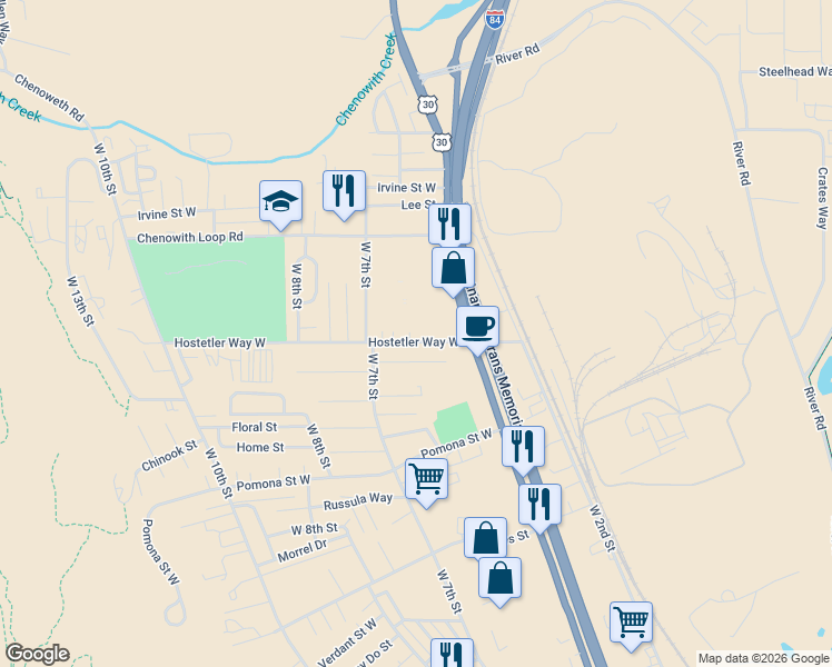 map of restaurants, bars, coffee shops, grocery stores, and more near 3608 West 6th Street in The Dalles