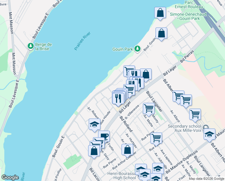 map of restaurants, bars, coffee shops, grocery stores, and more near 12795 Avenue Veuillot in Montréal