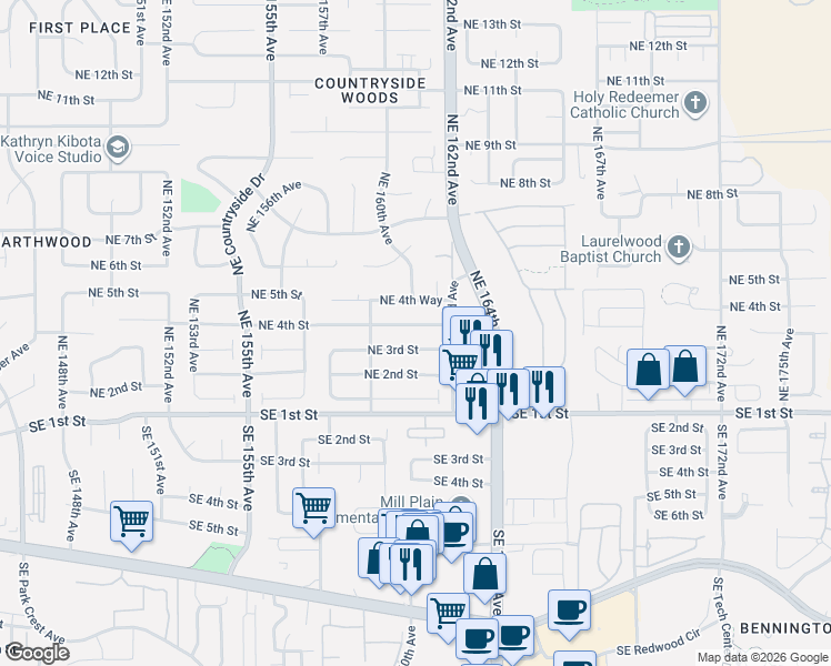 map of restaurants, bars, coffee shops, grocery stores, and more near 16005 Northeast 4th Street in Vancouver