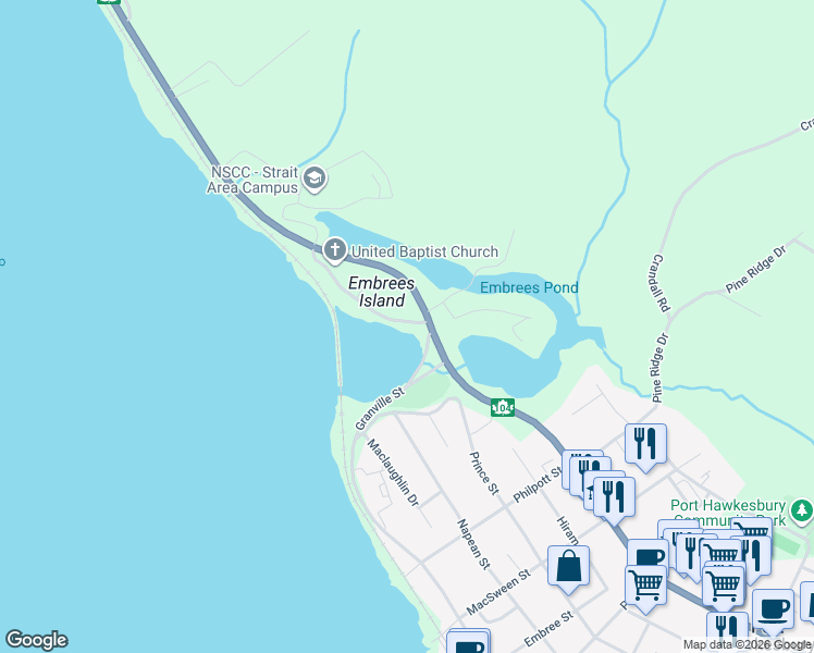 map of restaurants, bars, coffee shops, grocery stores, and more near Embree Island Road in Port Hawkesbury