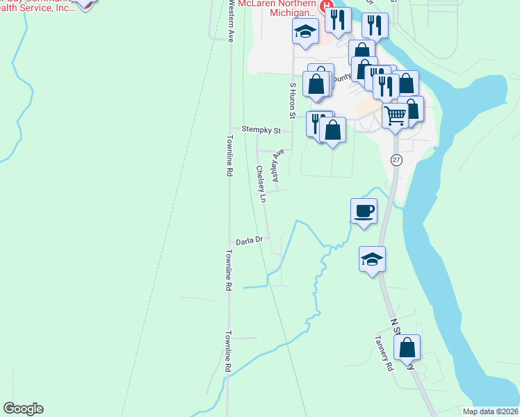 map of restaurants, bars, coffee shops, grocery stores, and more near 64 Chelsey Lane in Cheboygan