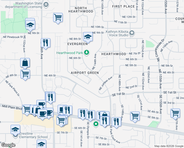 map of restaurants, bars, coffee shops, grocery stores, and more near 401 Northeast Hearthwood Boulevard in Vancouver