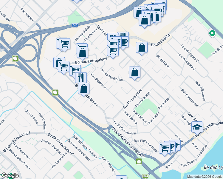 map of restaurants, bars, coffee shops, grocery stores, and more near 549 Rue Papineau in Boisbriand