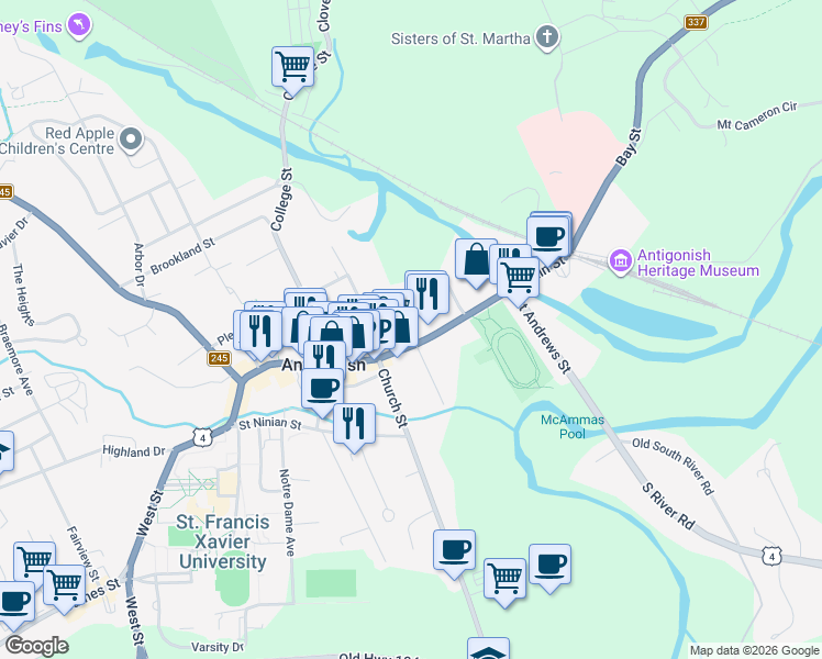 map of restaurants, bars, coffee shops, grocery stores, and more near 72 Court Street in Antigonish