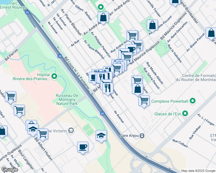 map of restaurants, bars, coffee shops, grocery stores, and more near 7238 Boulevard Maurice-Duplessis in Montréal