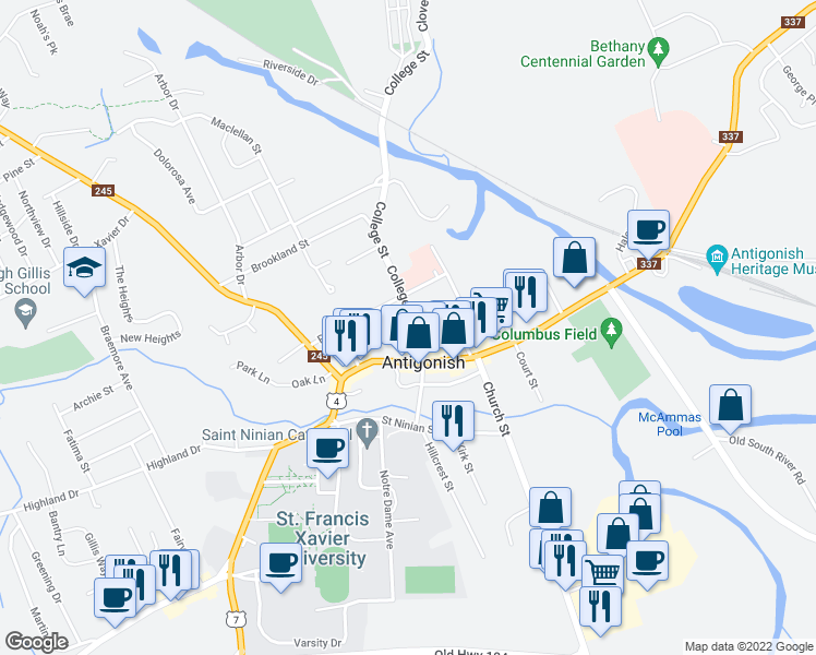 map of restaurants, bars, coffee shops, grocery stores, and more near 103 College Street in Antigonish
