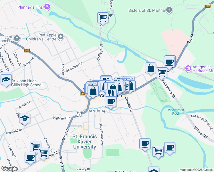 map of restaurants, bars, coffee shops, grocery stores, and more near 103 College Street in Antigonish
