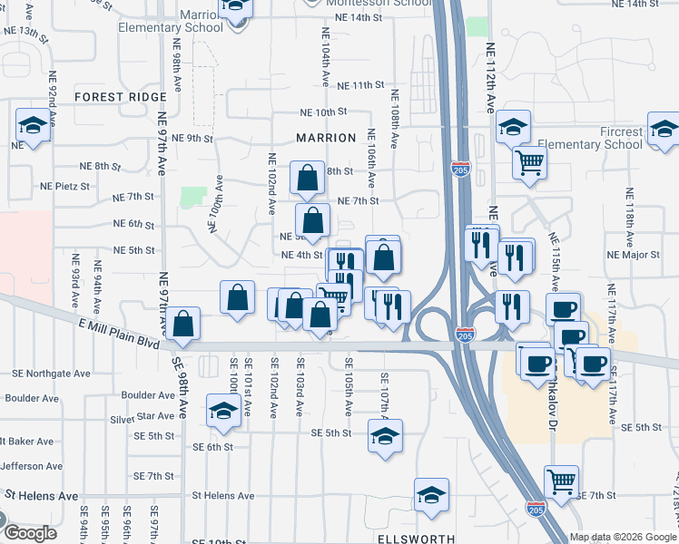 map of restaurants, bars, coffee shops, grocery stores, and more near 421 Northeast 104th Avenue in Vancouver