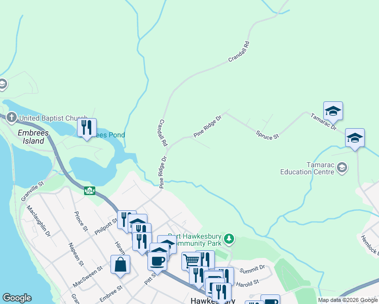 map of restaurants, bars, coffee shops, grocery stores, and more near 30 Pine Ridge Drive in Port Hawkesbury