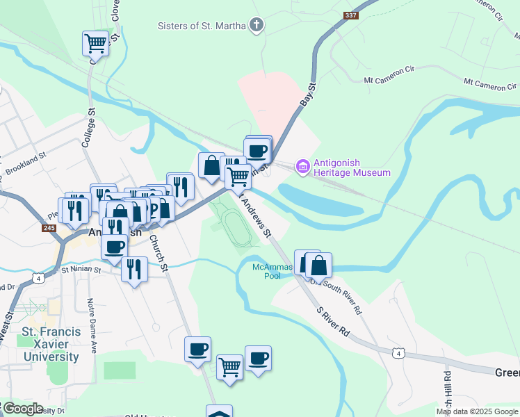 map of restaurants, bars, coffee shops, grocery stores, and more near 29 Saint Andrews Street in Antigonish