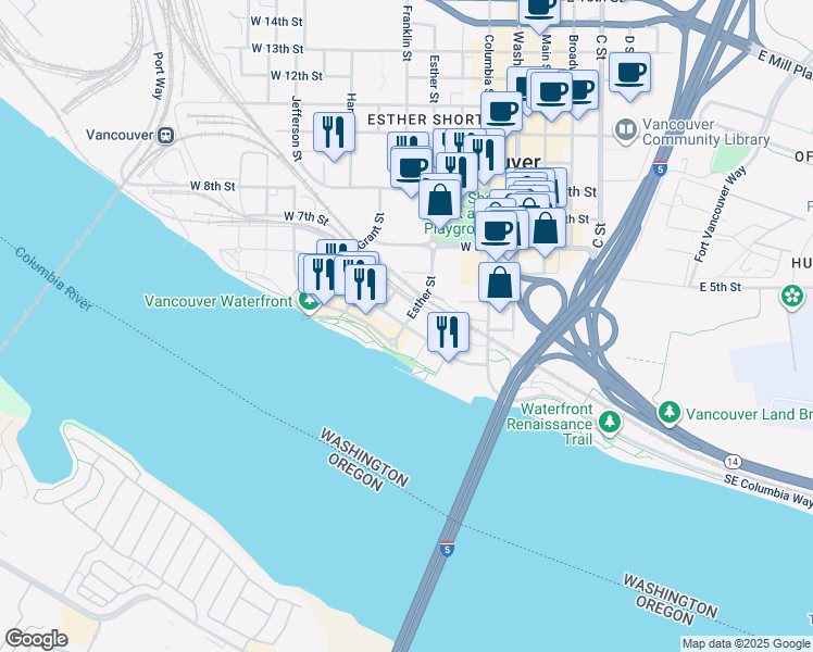 map of restaurants, bars, coffee shops, grocery stores, and more near Columbia Way in Vancouver