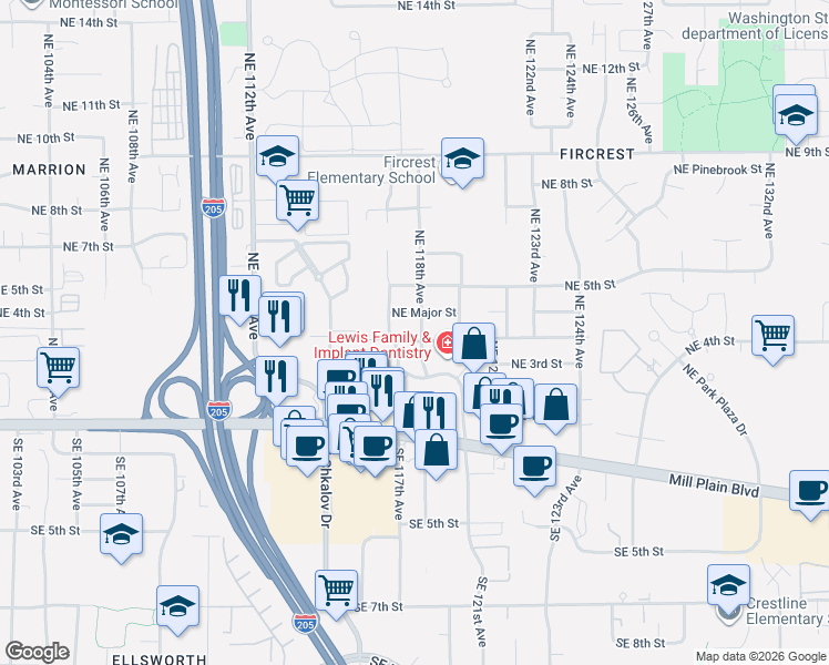 map of restaurants, bars, coffee shops, grocery stores, and more near 11801 Northeast Major Street in Vancouver