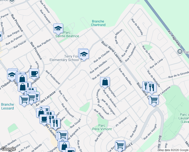 map of restaurants, bars, coffee shops, grocery stores, and more near 225 Rue de Montreux in Laval