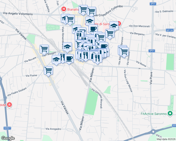 map of restaurants, bars, coffee shops, grocery stores, and more near 31 Via Milano in Saronno
